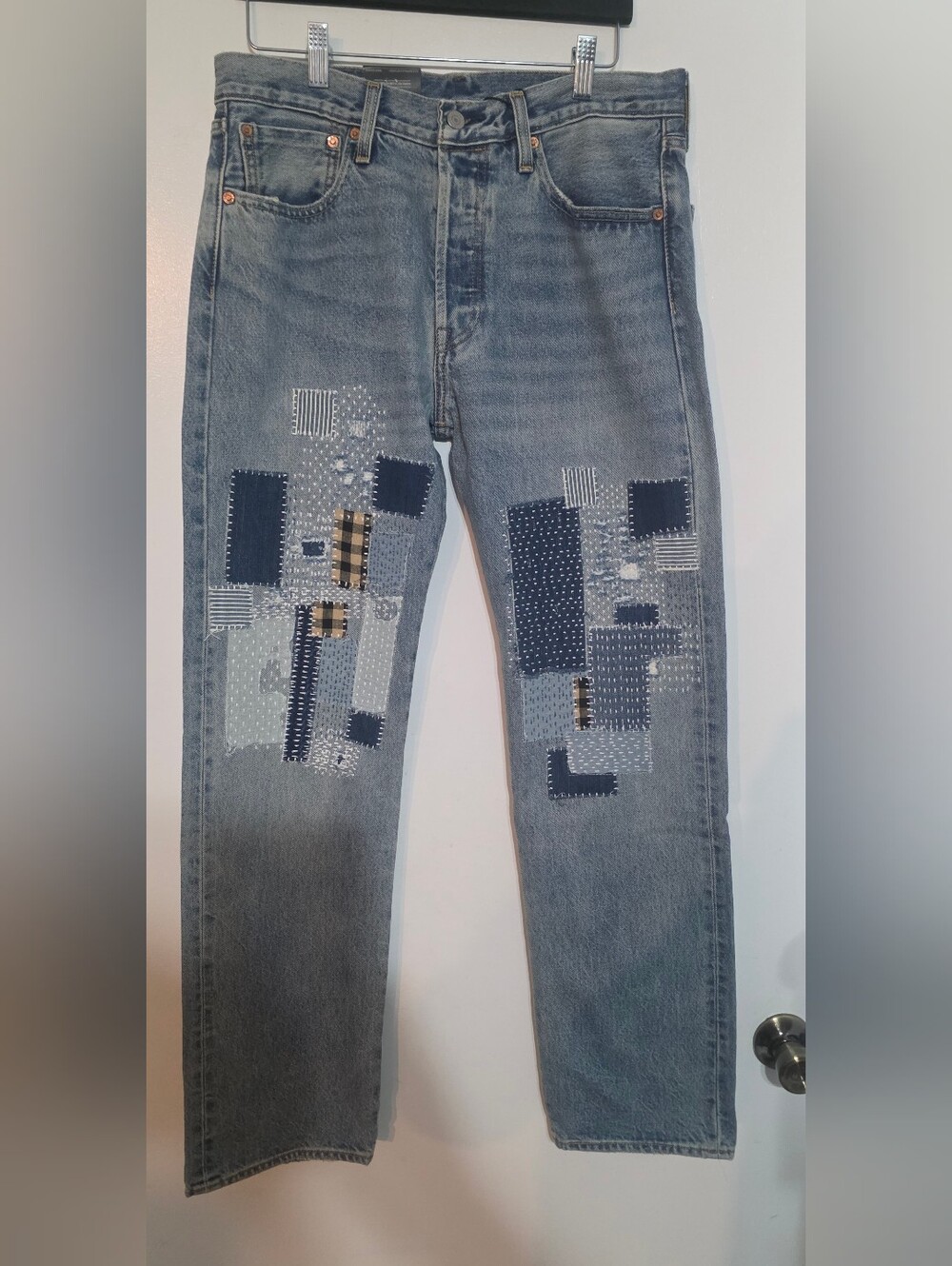 Levis 501 Original Selvedge Jeans Sashiko Patchwork Med Wash Men Size 32x32 NWT